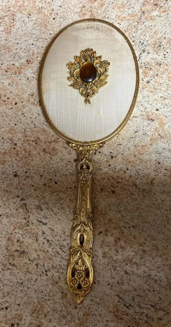 Vintage Ornate Gilt Bronze Hand Held Vanity Mirror Cream m Cabochon Stone